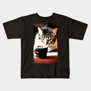 Cat Drinking Coffee Realistic Art Kids T-Shirt